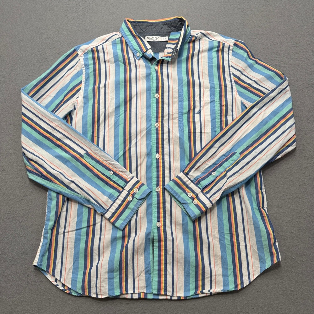 Nautica Button Down Shirt Men's XL Multicolor Striped Brushpopper Long Sleeve